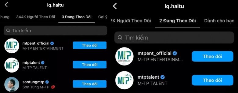 Hải Tú bỏ theo dõi tài khoản cá nhân của Sơn Tùng bị, nay chỉ còn 2 tài khoản của công ty.