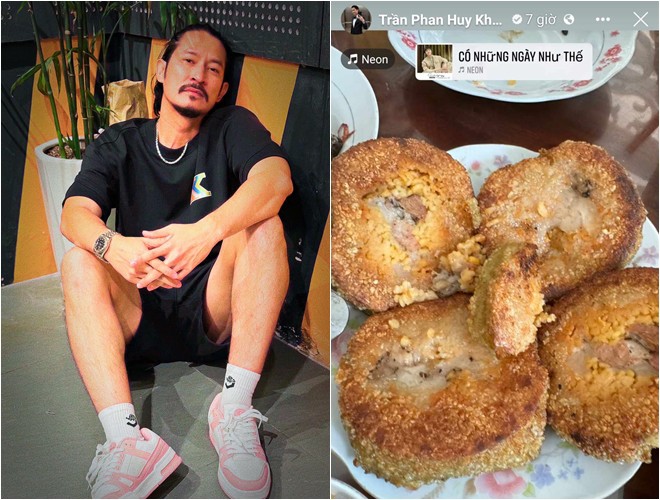 Thường xuyên đăng tải đồ ăn, diễn viên Huy Khánh không bỏ qua bánh tét chiên. Những lát bánh tét của anh được rán khá kỹ, trông giòn tan.
