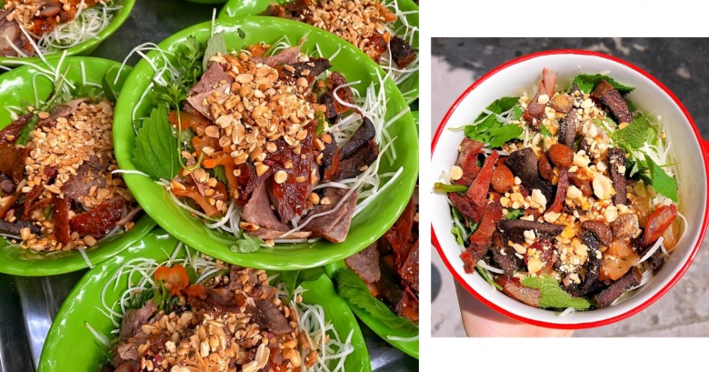 Món ăn này đơn giản với các nguyên liệu như bò khô giữ được độ dai dai, rau củ được bào sợi tinh tế, lạc rang giòn rụm và nước chấm chua ngọt, tạo nên một hòa quyện hương vị không thể quên.