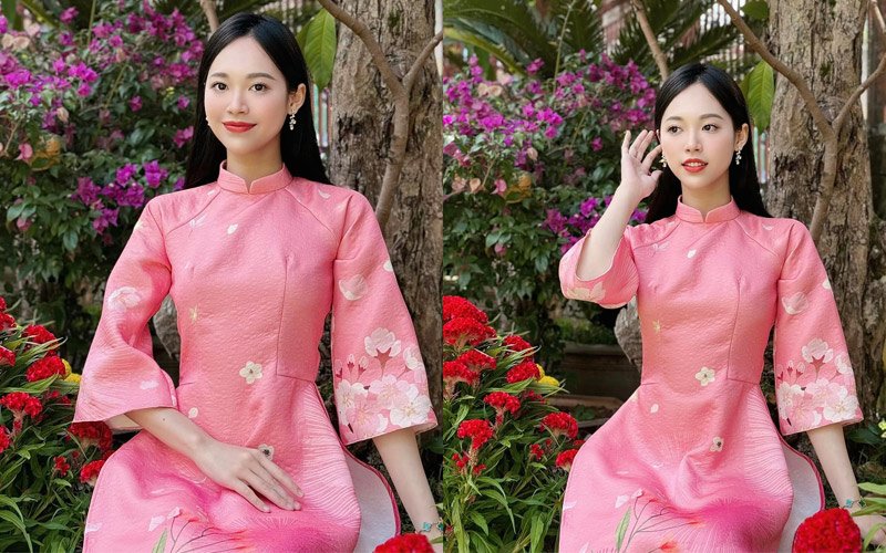 Thuỳ Linh khoe vẻ đẹp mộng mơ đúng chuẩn nàng hậu đẹp nhất nhì Thanh Hoá, cô sử dụng màu son môi hồng nhẹ nhàng phù hợp với làn da. 
