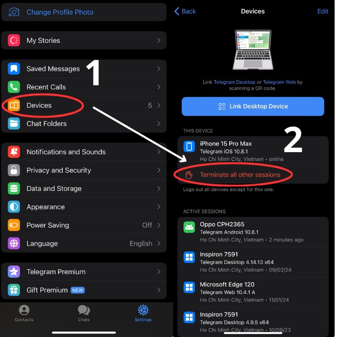 Image of the "Devices" section in Telegram settings, showing a list of connected devices.