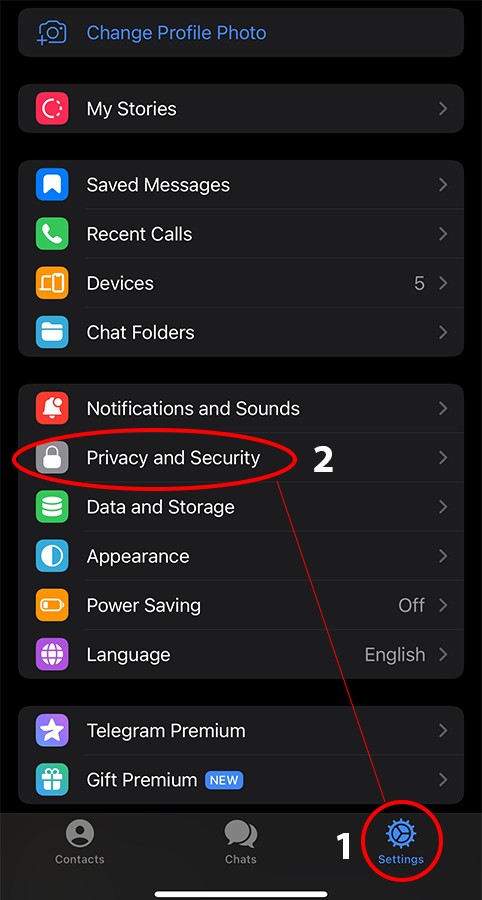 Image of Telegram settings with the "Privacy and Security" option highlighted.