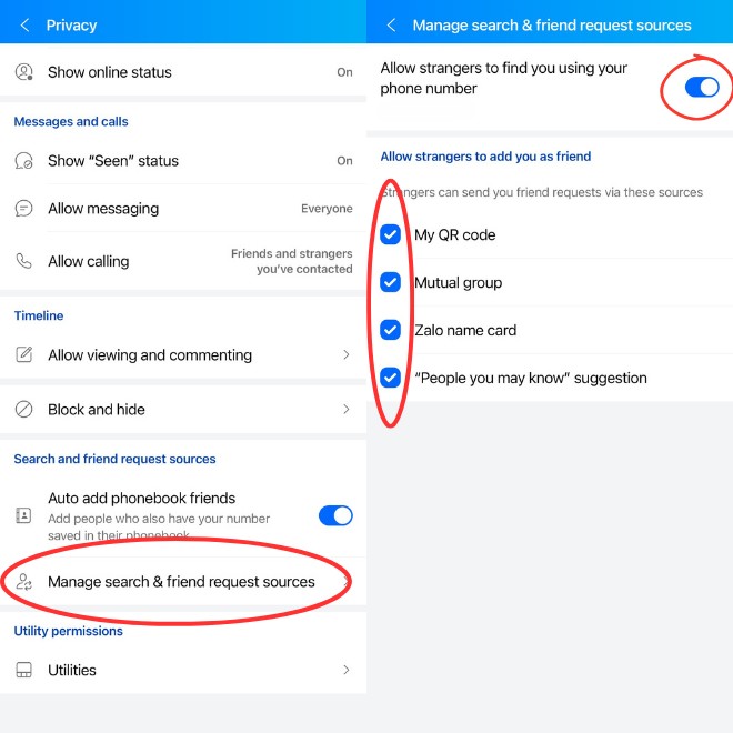 Image of the "Privacy" settings in Zalo, with the "Manage search & friend request sources" option highlighted.