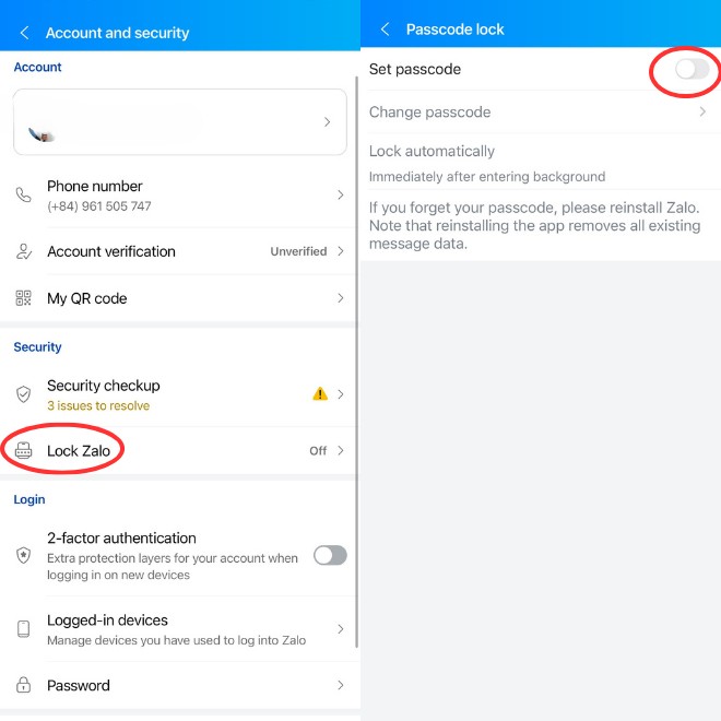Image of the "Account and Security" settings in Zalo, with the "Lock Zalo" option highlighted.