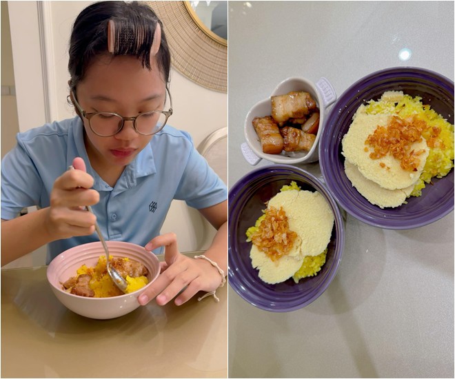 Nữ MC VTV chia sẻ hình ảnh cô con gái Sumo ngồi ăn sáng trước giờ đi học với món xôi mẹ làm. Diệp Chi bày tỏ: Xôi xéo và thịt kho tàu, ngon mắt mà cũng ngon miệng.