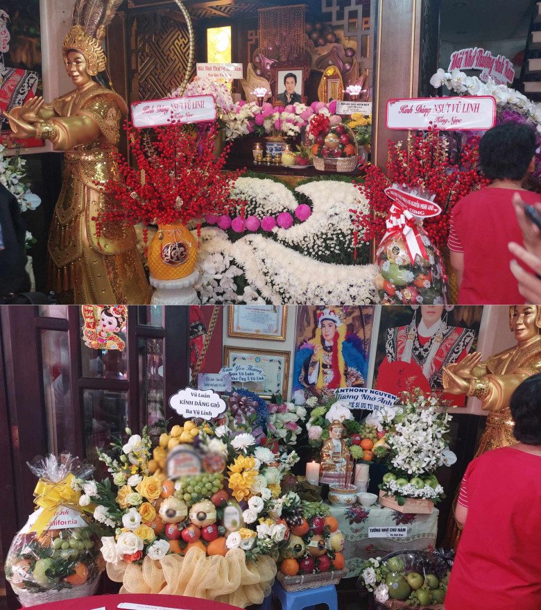 Bàn thờ được bày trí trang nghiêm với nhiều hoa tươi.