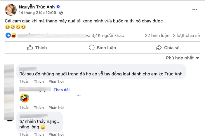 Câu chuyện thang máy quá tải vì đông người vốn dĩ là vấn đề rất bình thường nhưng đối với người từng vướng khủng hoảng cân nặng như Trúc Anh lại là đề tài nhận được nhiều sự đồng cảm của mọi người.