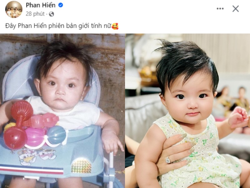 Mới đây, Phan Hiển đăng tải bài viết so sánh hình ảnh hiện tại của con gái thứ 3 là bé Lisa với ảnh ngày bé của mình. Ngắm nhìn ái nữ, ông xã Khánh Thi nhận xét: "Đây Phan Hiển phiên bản giới tính nữ".
