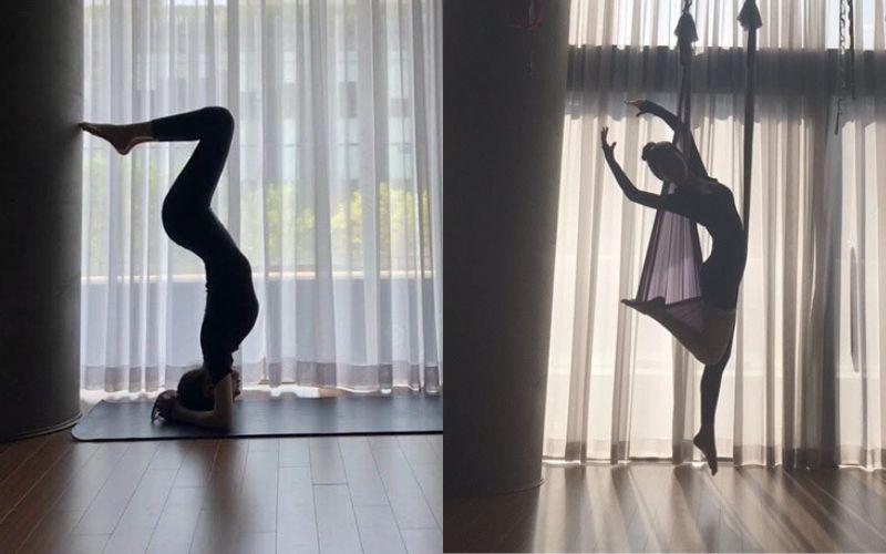 Bên cạnh tập nhảy và khiêu vũ để đốt cháy calo, Karina còn theo đuổi bộ môn yoga bay nhằm mang lại body cân đối, dẻo dai và linh hoạt. Tư thế đảo lộn giúp đưa máu lên não làm chậm quá trình lão hoá, da hồng hào khoẻ mạnh hơn. 
