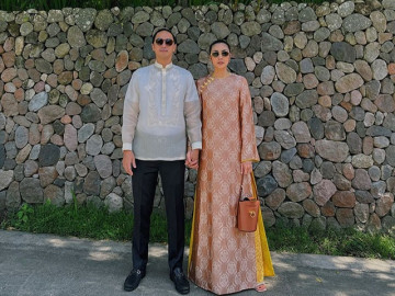 Vợ chồng Tăng Thanh Hà đi ăn cưới: Vợ chung tình với áo dài Việt, chồng mặc trang phục Philippines