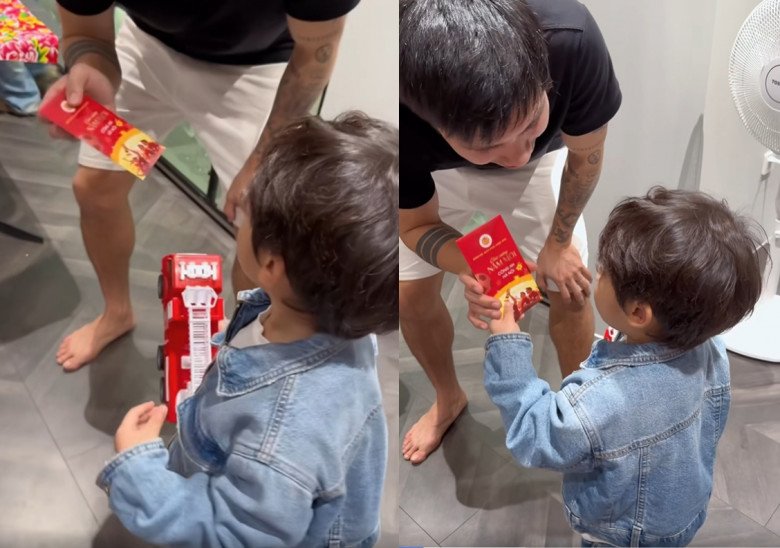 Đoàn Văn Hậu cũng rút bao mừng tuổi đầu năm cho bé Bo.