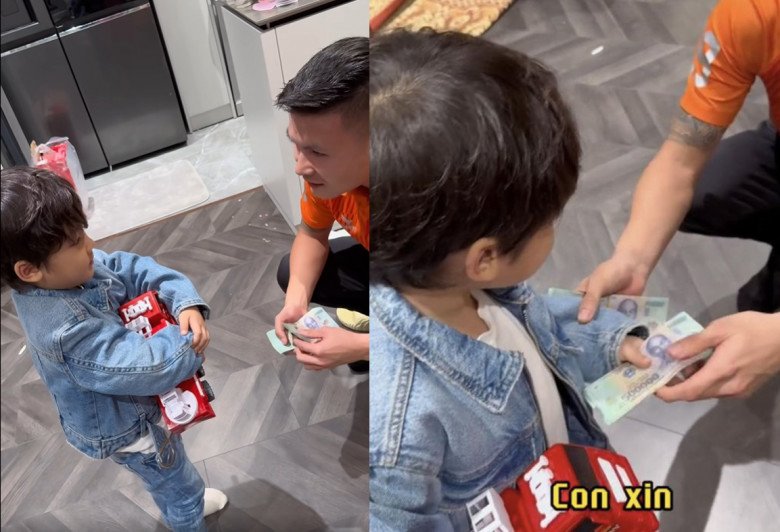 Cầu thủ Quang Hải khiến dân tình trầm trồ khi lì xì cho con trai Hòa Minzy xấp tiền khủng.
