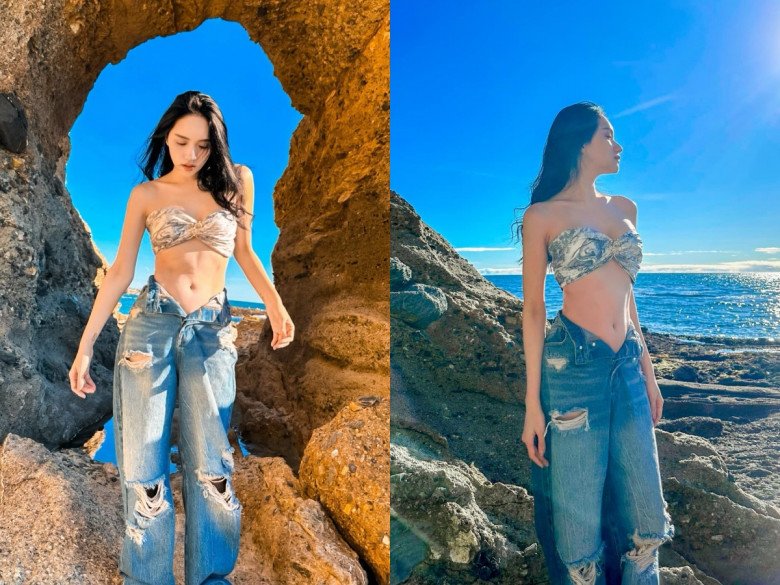 Màn trễ nải cạp quần khoe vòng eo con kiến đáng mơ ước của Hương Giang tại Hợp chủng quốc Hoa Kỳ ngày đầu tháng 3. Cô diện combo thời trang hút mắt là quần jeans rách gối mix cùng áo tắm dáng ống khoe da, dáng đẹp như mơ.