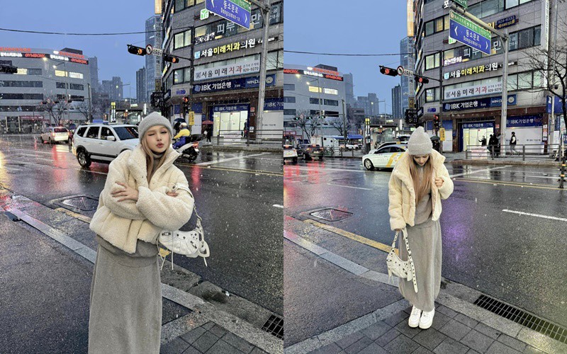 Tiết trời tại Hàn Quốc đang rất lạnh nên các combo như áo len, áo lông hay áo phao là món đồ xuất hiện trong vali của 2 hotgirl.

