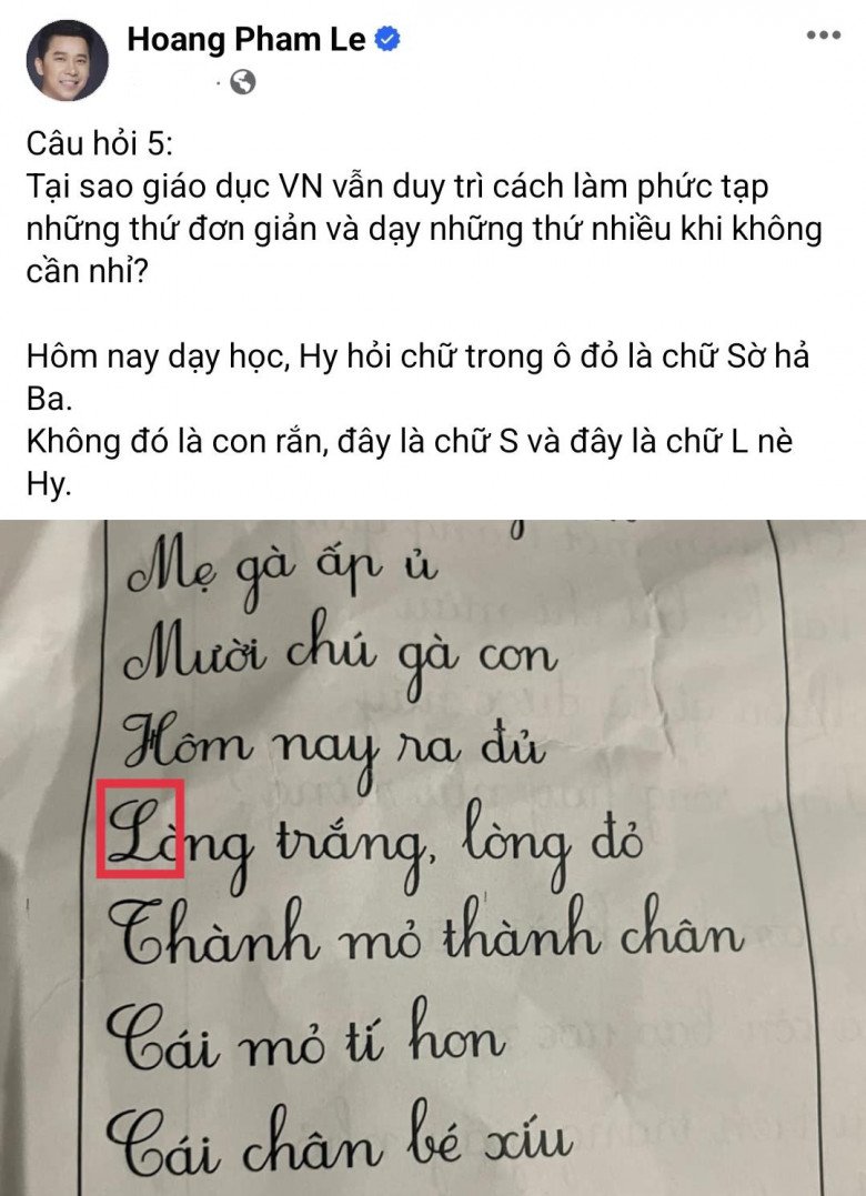 Lê Hoàng bị chỉ trích khi có phát ngôn về giáo dục Việt Nam, dạy con trai chữ L viết hoa là con rắn.