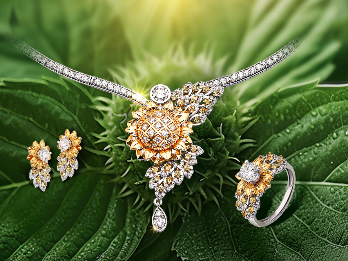 Thiết kế dây nằm trong BST Sunnyva gây ấn tượng với phần nhụy hoa to được đính đầy kim cương tinh tuyển lấp lánh, phần dây đeo tạo tác uốn lượn đẹp mắt.