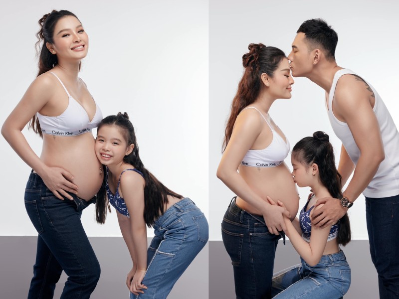 Cùng năm 2023, Phương Trinh Jolie cũng "gây sốt" với loạt ảnh bế bụng "trần" khi mang thai lần 2 với ông xã Lý Bình. Gia đình nữ diễn viên thực hiện nhiều bộ ảnh kỷ niệm sự xuất hiện của thành viên mới.
