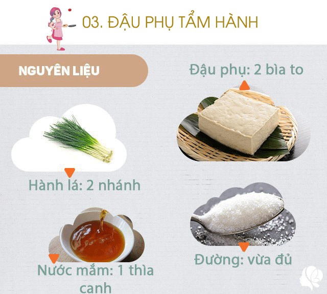 Chuẩn bị: 2 bìa đậu phụ to hoặc 3 bìa nhỏ, 1 thìa canh nước mắm, xíu đường, 2 nhánh hành lá.