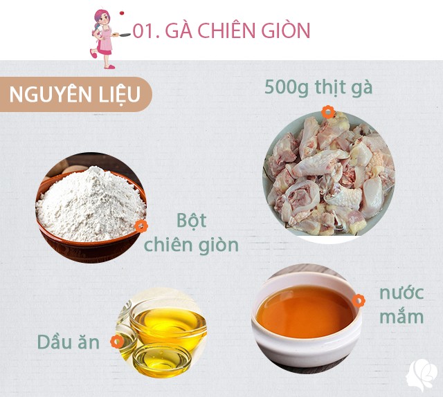 500g thịt gà chặt miếng vừa ăn, nước mắm, dầu ăn, hạt nêm, tiêu xay, bột chiên giòn.