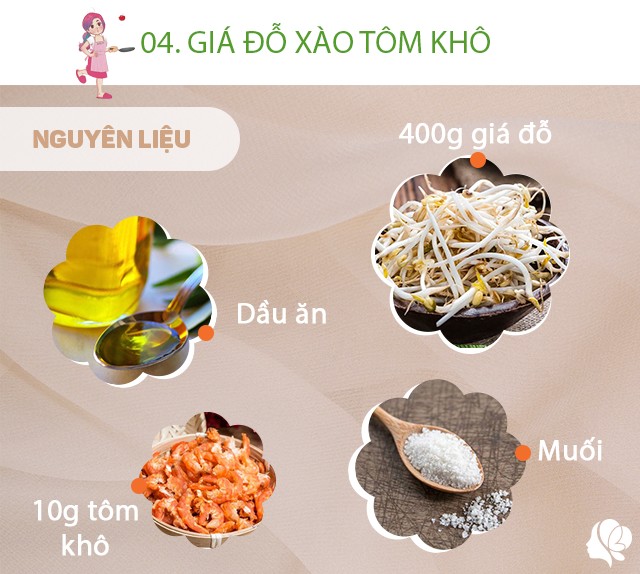 Chuẩn bị: 400g giá đỗ, lá hẹ, 10g tôm khô, muối, tiêu xay, dầu ăn.