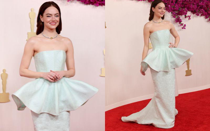 Tại thảm đỏ Oscar 2024, nữ diễn viên chọn diện váy peplum mang sắc xanh bạc hà tôn lên nét đẹp thanh lịch, khoe bờ vai trần nõn nà cùng thân hình tràn đầy sức sống.
