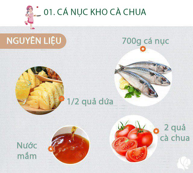 Nguyên liệu: - Cá nục: 700g, bạn có thể thay bằng các loại cá biển khác như cá thu, cá ngừ hay cá bạc má - 1/2 trái dứa (thơm) - 2 trái cà chua - Hành củ, tỏi, ớt, gừng, hành lá - Dầu ăn, nước màu dừa, nước mắm, muối, đường, tiêu