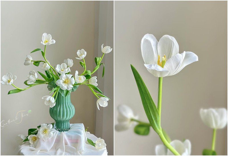 Một bình hoa tulip trắng tinh khôi. Được biết, tulip trắng đại diện cho tình yêu thuần khiết, niềm đam mê, sự bình yên, chiến thắng và sự tha thứ.
