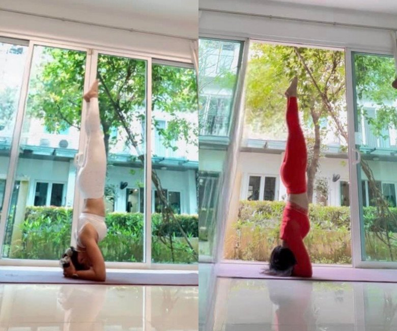 Bà mẹ 2 con dù là người mới nhưng đã thể hiện được khả năng trồng cây chuối cực đỉnh với phần sống lưng thẳng, tay vai cực kì chắc chắn. Đây là bài tập khó trong yoga và không phải ai cũng thực hiện đẹp được.