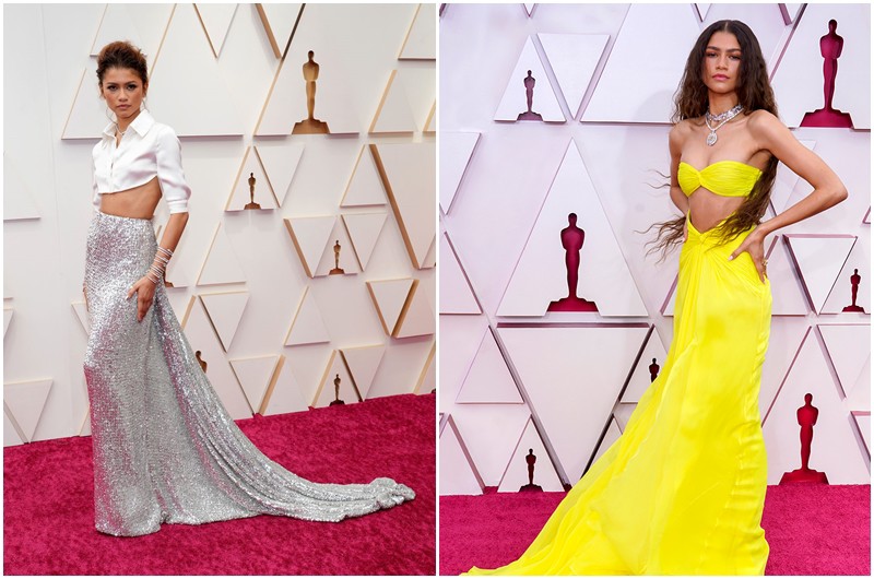 Thảm đỏ Oscar cũng là nơi Zendaya phô diễn được sở trường ăn mặc hở mà đẹp của mình. Chiếc váy vàng của thương hiệu Valentino Haute Couture mà nữ diễn viên mặc còn được bình chọn là "Trang phục đẹp nhất giải Oscar 2021".  
