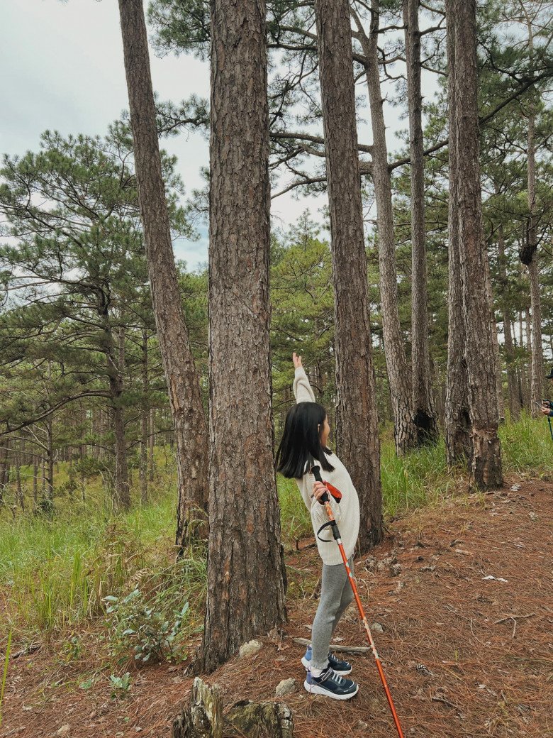 Cùng mẹ đi trekking, Chloe diện trang phục thoải mái nhưng vẫn đủ ấm với áo và quần chất len co giãn, màu sắc trung tính như trắng, xám, ghi, kết hợp cùng giày leo núi màu đen.