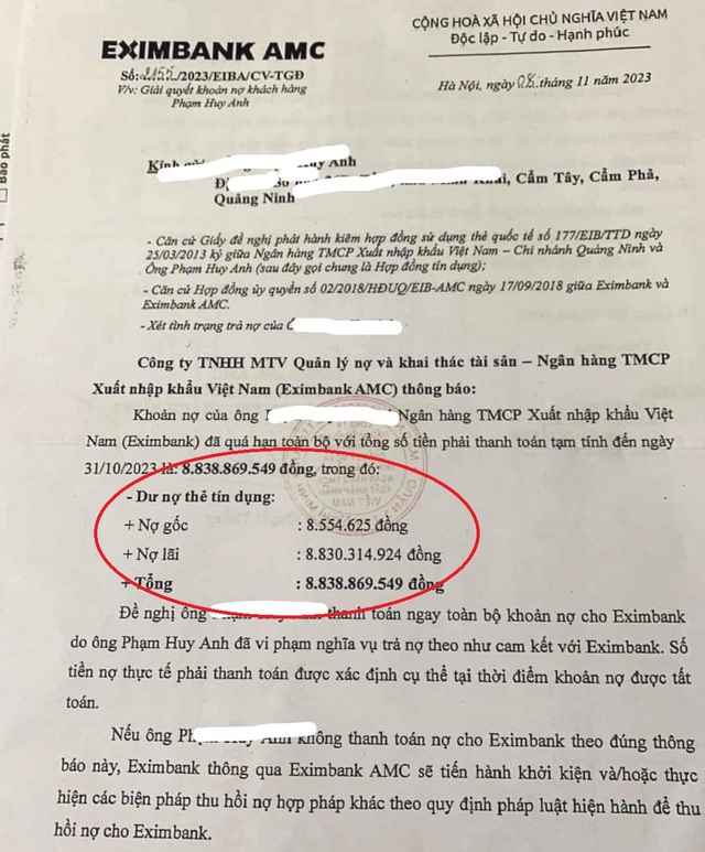 Công văn nhắc nợ được Eximbank AMC gửi đến khách hàng P.H.A. Ảnh: ManTV.