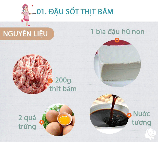 Chuẩn bị: - 1 hộp đậu phụ non - 200g thịt băm - 2 quả trứng - 2-3 thìa nước tương, 1 thìa dầu hào, 1 thìa rượu nấu ăn, 1 thìa tỏi băm, xíu gừng băm, 1 xíu muối, 1 thìa tinh bột hòa với nửa bát con nước,1 bát con nước, hành lá thái nhỏ.