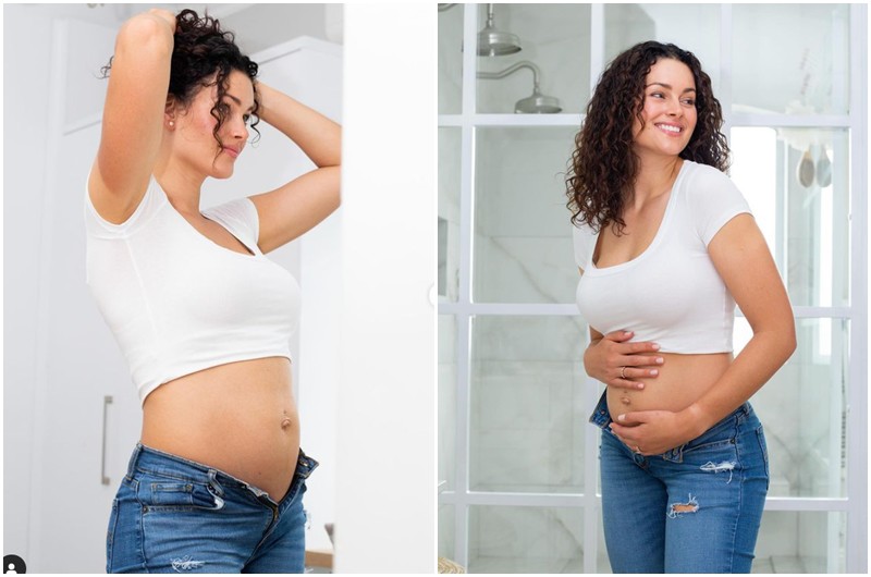 Dù đang trong những tháng cuối thai kỳ nhưng người đẹp dường như không có sự thay đổi cân nặng quá nhiều, thậm chí vẫn còn có thể thấy được đường cong cơ thể của cô. 
