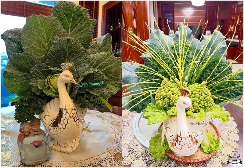 Hay đơn giản là đặt một chiếc bắp cải xanh (bên trái) lên bình cũng đã đẹp đến nao lòng. Còn bên phải là một bình chim công được cắm từ súp lơ san hô, hoa cau, cải kale.
