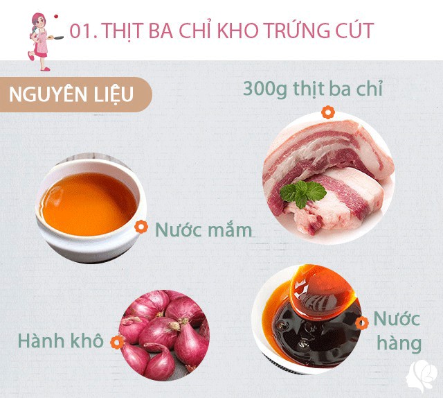 Chuẩn bị: 300g thịt ba chỉ, 15 quả trứng cút luộc, nước hàng, bột canh, nước mắm, hành khô.