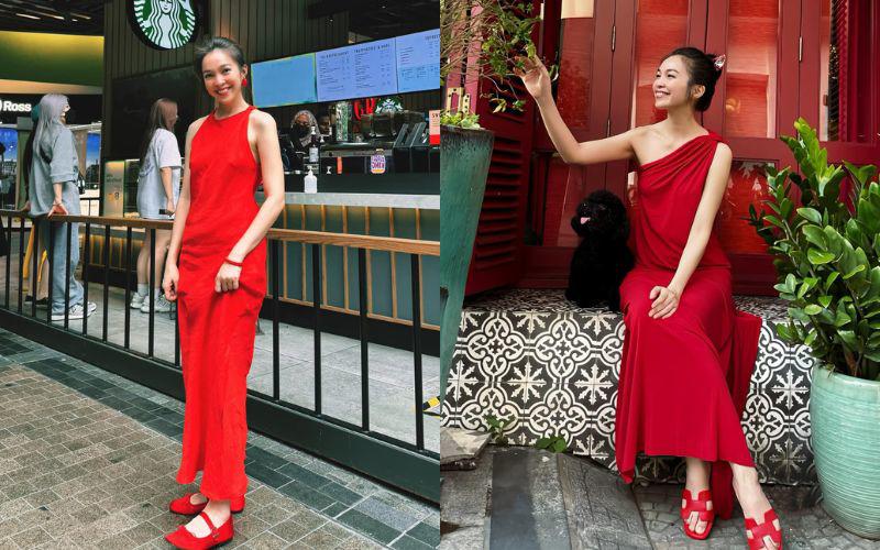 Trong khi nhiều chị em tuổi tứ tuần ngại diện váy áo mang màu sắc nổi bật, Hiền Thục vẫn luôn xúng xính váy đầm đỏ rực ra phố như một cách "hack" tuổi.
