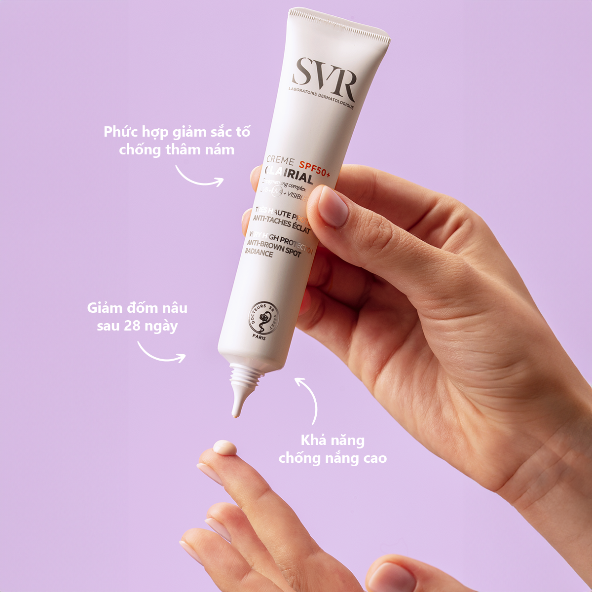 SVR CLAIRIAL Crème SPF 50+ cung cấp 1 chế độ chăm sóc 2 trong 1: vừa chống nắng cao vừa giúp ngăn ngừa, làm mờ các đốm sắc tố