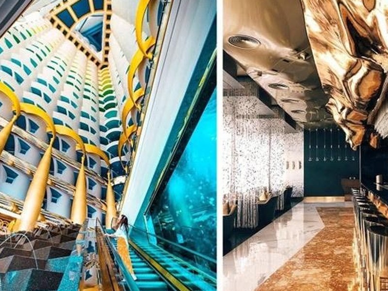 Với 8.000 m2 tường, các cột lớn của khách sạn đều được dát vàng lá 22 carat, 24.000 m2 đá marble, gồm 30 loại khác nhau, phối kết hợp với cột, tường chạm trổ tinh vi và màu sắc táo bạo của châu Âu.
