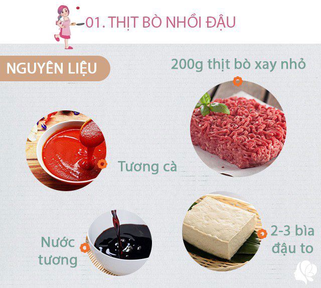 Chuẩn bị: - 200g thịt bò, 2-3 bìa đậu phụ, 1 thìa nước tương nhạt, 2 thìa hắc xì dầu, 1/2 thìa dầu hào, 2 thìa hạt tiêu, 2g tinh bột, 2 thìa cà phê gừng băm nhỏ, 2 nhánh hành lá và 1 nửa củ cà rốt. - Làm nước sốt: 2 thìa tương cà chua, 2 thìa nước tương nhạt, 1 thìa dầu hào, 1 thìa tinh bột, 100ml nước lọc