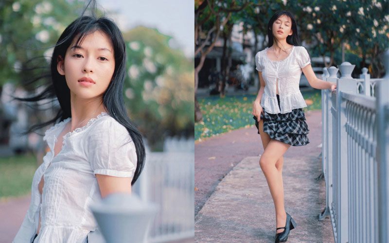 Minh Hà đi theo phong cách thời trang tối giản nhưng gợi cảm đầy ý nhị, chất liệu mỏng nhẹ và bay bổng tạo sự lãng mạn tuyệt đối cho cô. 
