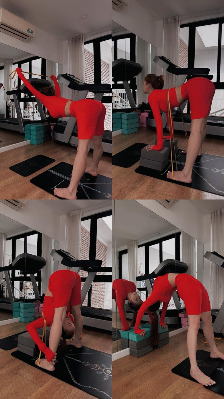 Người đẹp thực hiện nhiều tư thế uốn dẻo khó trong yoga. Vóc dáng của mẹ bỉm chẳng lộ rõ chút ngấn mỡ nào.