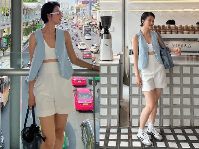 Áo croptop, quần short và giày sneaker là công thức phối đồ quen thuộc nhưng Phương Khánh đã tạo sự mới mẻ khi lựa chọn áo gile màu xanh pastel cùng chiếc túi đồng bộ tạo cảm giác năng động nhưng vẫn nhẹ nhàng, thu hút. 