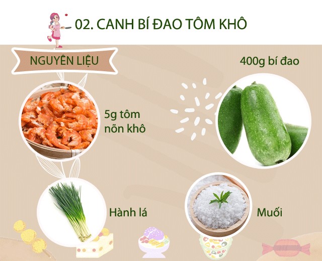 Chuẩn bị: 400g bí đao, 5g tôm khô, hành lá, muối vừa ăn.