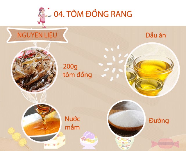 Chuẩn bị: 200g tôm đồng rang, nước mắm, dầu ăn, đường, hành khô, lá chanh thái chỉ.