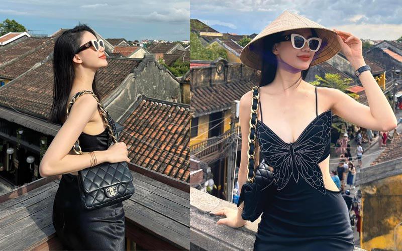 Quỳnh Hoa cũng mê mệt những chiếc váy ngủ thời thượng đúng xu hướng của các it girl quốc tế, cô cũng phối cùng chiếc túi Chanel trăm triệu cùng nón lá truyền thống. 
