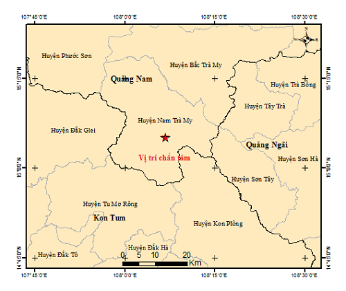 Vị trí xảy ra động đất ở Quảng Nam.
