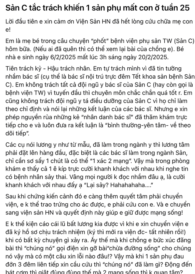 Phụ nữ A. Chia sẻ trên trang cá nhân sau khi người thân có một bài báo mà bệnh viện 