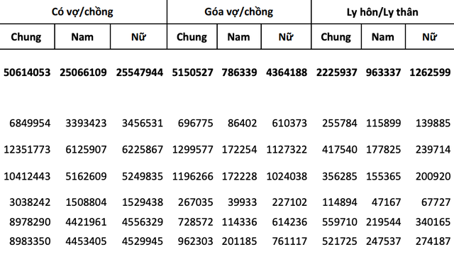 Số liệu thống kê về tình trạng hôn nhân của cả nước và một số vùng miền. Nguồn: TCTK