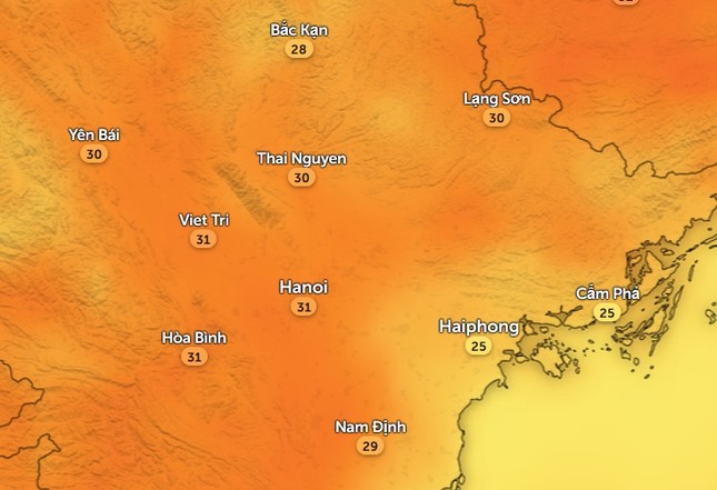 Nhiệt độ cảm nhận ở một số tỉnh thành miền Bắc vào chiều 4/3. Ảnh: Zoom Earth, OpenStreetMap, ICON.