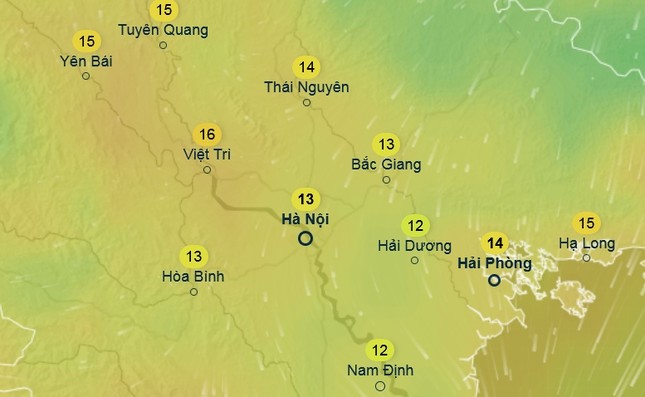 Dự báo nhiệt độ cảm nhận ở một số tỉnh thành miền Bắc vào sáng sớm thứ Sáu, 7/3. Ảnh: Ventusky, ICON.